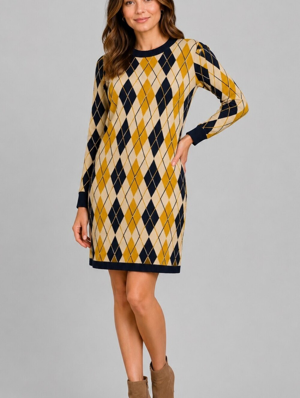 JOH Argyle Navy Blue Mustard Yellow Heavyweight Sweater Dress